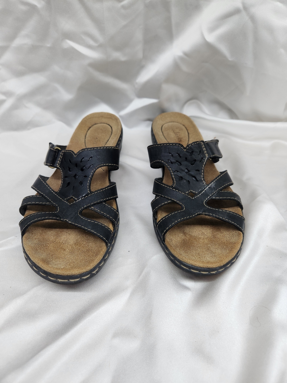 Clarks Black Leather Open-Toe Slide Sandals